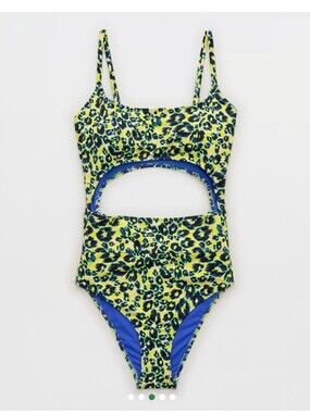 aerie Neon Yellow & Blue Leopard Cutout One-Piece Swimsuit